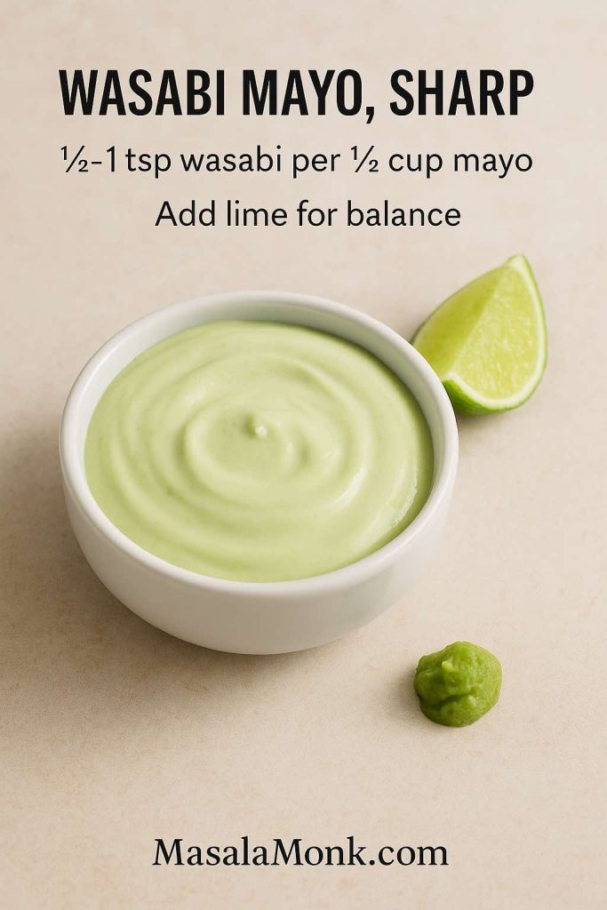 Wasabi mayo recipe card showing wasabi mayonnaise with lime for balance and a smooth pale-green texture.