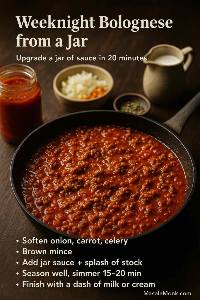 Portrait image of a skillet filled with quick weeknight bolognese made from jarred tomato sauce and browned mince, with chopped soffritto, dried herbs, milk and a jar of sauce arranged around the pan and text explaining how to upgrade a jar in 20 minutes.