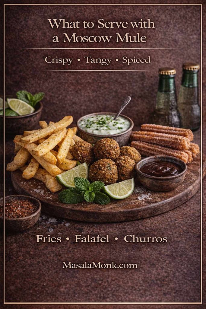 What to serve with a Moscow mule: lean into snacks that echo the drink’s bright lime and ginger bite—crispy fries for salt and crunch, falafel for tangy-herby balance, and churros for a warm spiced finish that still plays nicely with a fizzy Moscow Mule.