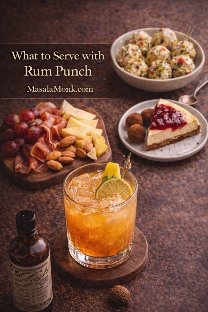 Party spread with rum punch, charcuterie-style snacks, cheese balls, rum truffles, and cheesecake, featuring a “What to Serve with Rum Punch” text overlay.