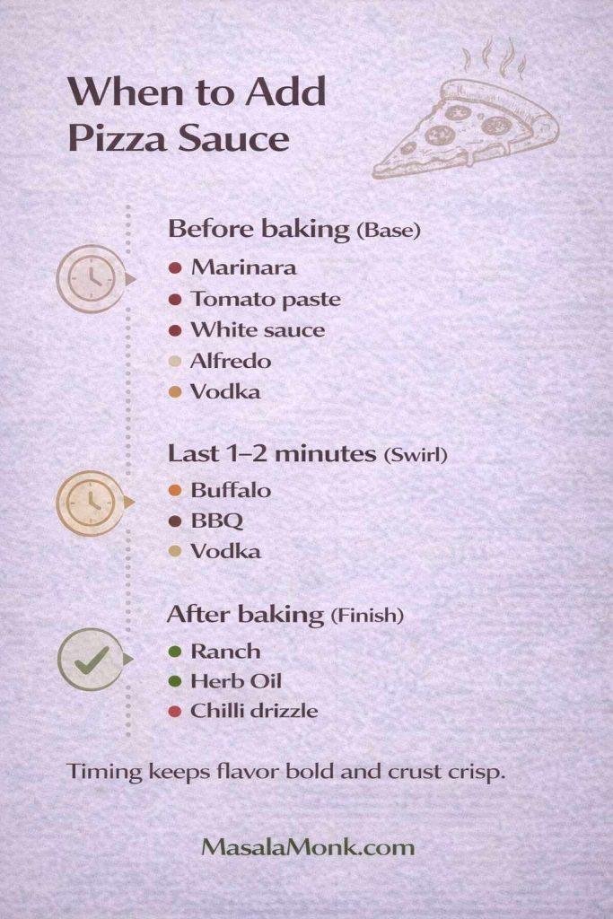 When to add pizza sauce infographic showing timing for base sauces before baking, swirl sauces in the last 1–2 minutes, and finishing sauces like ranch after baking.