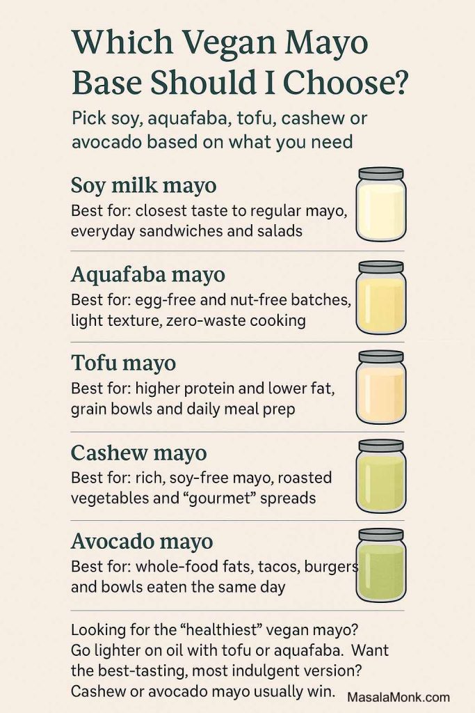 Infographic titled “Which Vegan Mayo Base Should I Choose?” comparing soy milk mayo, aquafaba mayo, tofu mayo, cashew mayo and avocado mayo, with notes on which base is best for closest-to-regular flavour, egg-free and nut-free batches, higher protein, rich soy-free spreads or whole-food fats.