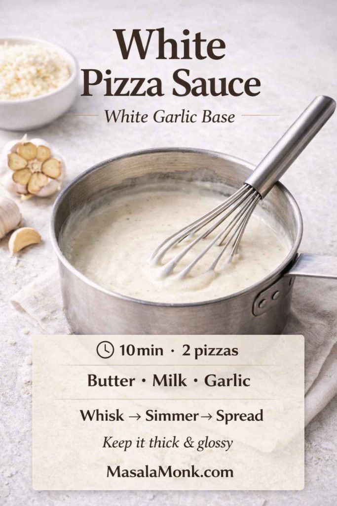 White pizza sauce recipe card showing creamy white garlic sauce being whisked in a saucepan with quick steps (whisk, simmer, spread) and key ingredients.