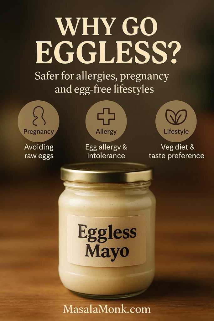 Glass jar labelled Eggless Mayo on a wooden surface with icons for pregnancy, allergy and lifestyle, showing why people choose egg free mayonnaise for safer, egg-free eating.