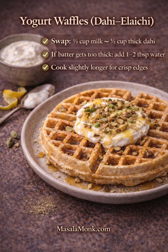 Dahi–elaichi yogurt Belgian waffle variation topped with thick curd, honey drizzle, and crushed pistachios, with quick batter-thickness tips and MasalaMonk.com footer.