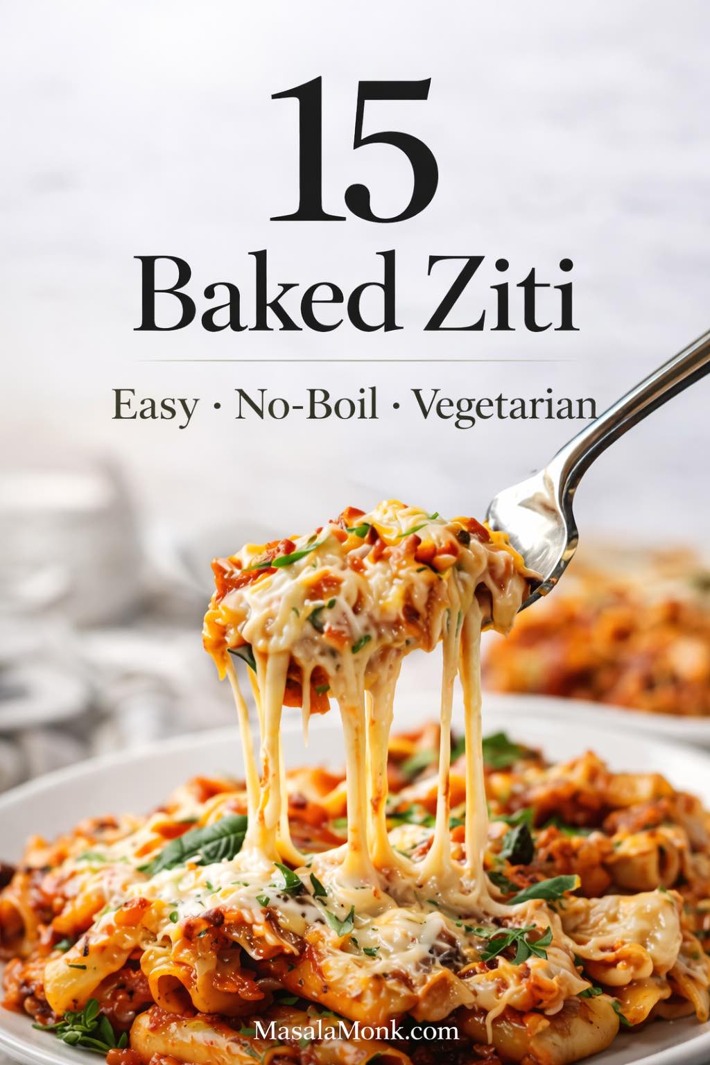 Cover image of 15 baked ziti variations with a cheesy fork-lift, labeled easy, no-boil, and vegetarian.