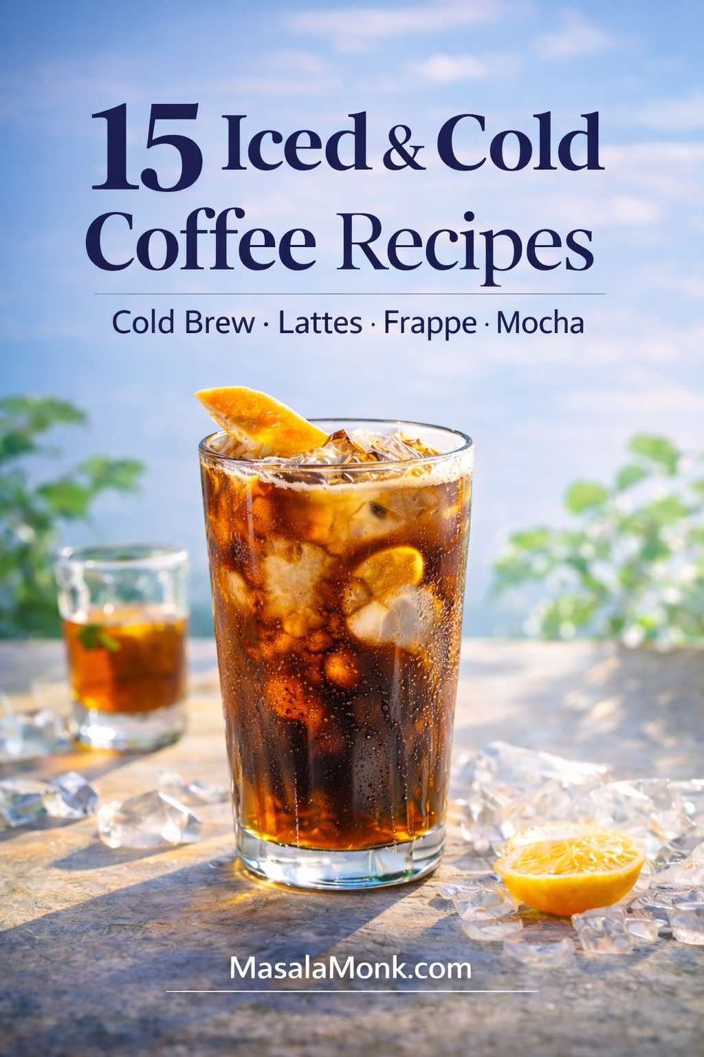 Photorealistic magazine-style cover of an iced coffee with citrus garnish and ice, titled “15 Iced & Cold Coffee Recipes,” with MasalaMonk.com in the footer.