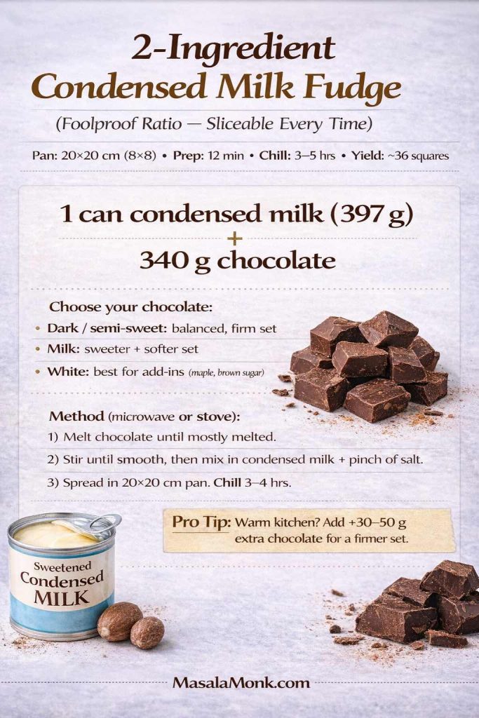 Infographic reference card titled “2-Ingredient Condensed Milk Fudge (Foolproof Ratio — Sliceable Every Time)”. Shows the ratio: 1 can sweetened condensed milk (397 g) + 340 g chocolate, with guidance for choosing dark/semi-sweet, milk, or white chocolate. Includes quick method steps (microwave or stove), pan size (20×20 cm), prep time (12 min), chill time (3–5 hrs), yield (~36 squares), a pro tip to add 30–50 g extra chocolate for a firmer set in warm kitchens, and MasalaMonk.com branding in the footer.