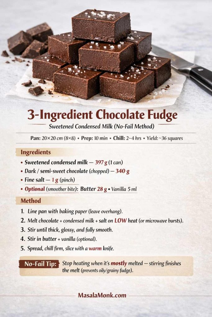 Recipe card image showing glossy 3-ingredient chocolate fudge made with sweetened condensed milk. Includes pan size (20×20 cm), prep and chill time, ingredient amounts in grams, 5-step stovetop/microwave method, a no-fail tip (“stirring finishes the melt”), and MasalaMonk.com branding in the footer.