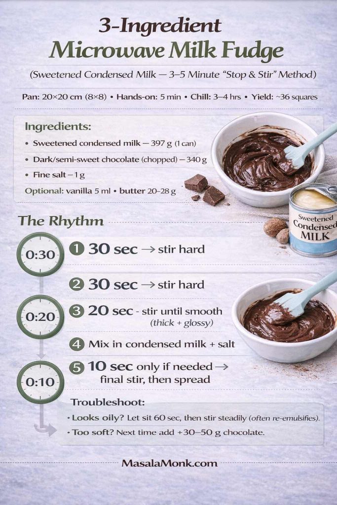 Step-by-step infographic titled “3-Ingredient Microwave Milk Fudge (Sweetened Condensed Milk — 3–5 Minute ‘Stop & Stir’ Method)”. Shows pan size 20×20 cm (8×8), hands-on time 5 minutes, chill time 3–4 hours, yield about 36 squares. Lists ingredients: sweetened condensed milk 397 g (1 can), dark/semi-sweet chocolate 340 g, fine salt 1 g, optional vanilla 5 ml and butter 20–28 g. Includes a “Rhythm” timeline with timers: 30 seconds stir hard, 30 seconds stir hard, 20 seconds stir until smooth (thick + glossy), mix in condensed milk + salt, then 10 seconds only if needed and final stir. Troubleshooting notes: let sit 60 seconds if oily; add 30–50 g extra chocolate next time if too soft. MasalaMonk.com branding appears in the footer.