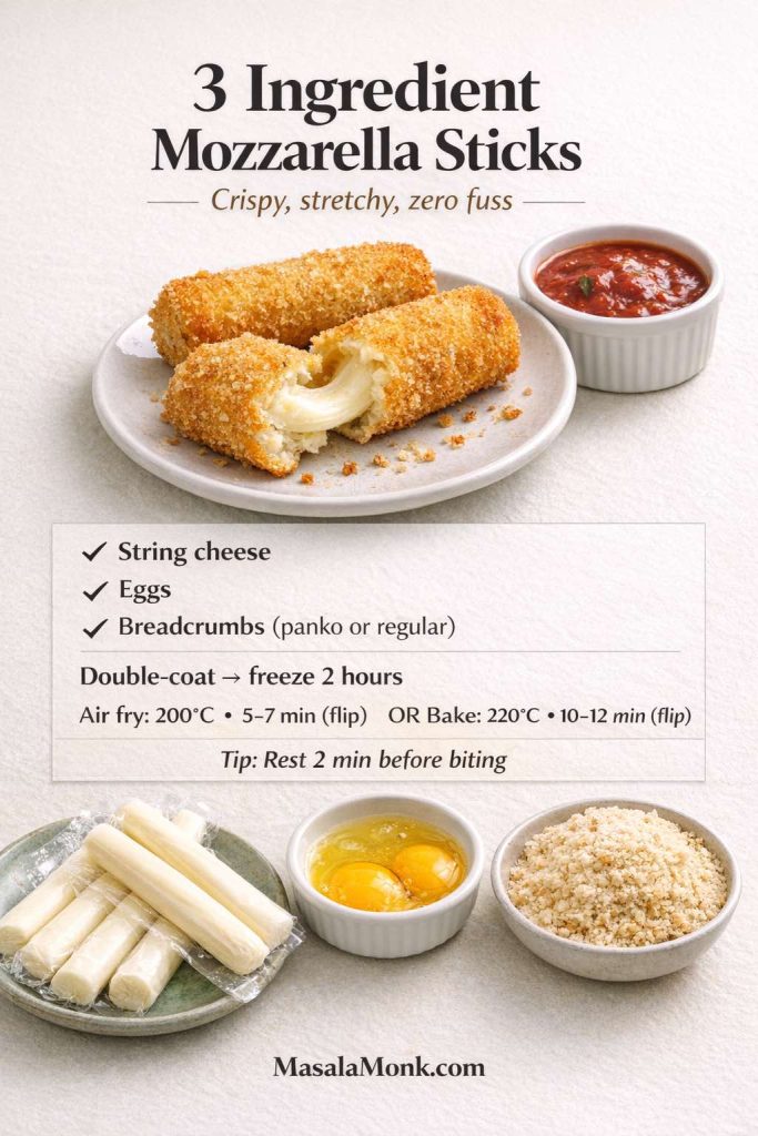 Recipe-card image titled “3 Ingredient Mozzarella Sticks” showing golden breaded mozzarella sticks with a cheese pull and a marinara dip, plus the three ingredients below: string cheese, eggs, and breadcrumbs (panko or regular). On-image instructions say to double-coat and freeze for 2 hours, then cook either in the air fryer at 200°C for 5–7 minutes (flip) or bake at 220°C for 10–12 minutes (flip). Tip says to rest 2 minutes before biting. MasalaMonk.com branding.