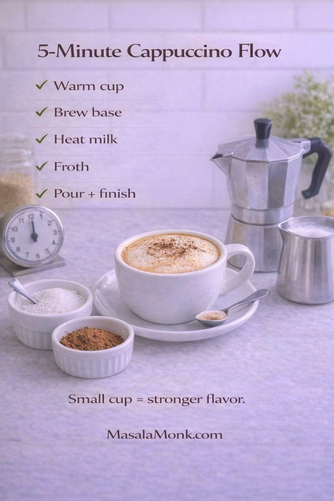 5-minute cappuccino flow checklist showing warm cup, brew base, heat milk, froth, and pour + finish, with a cappuccino, moka pot, milk pitcher, and timer on a kitchen counter.