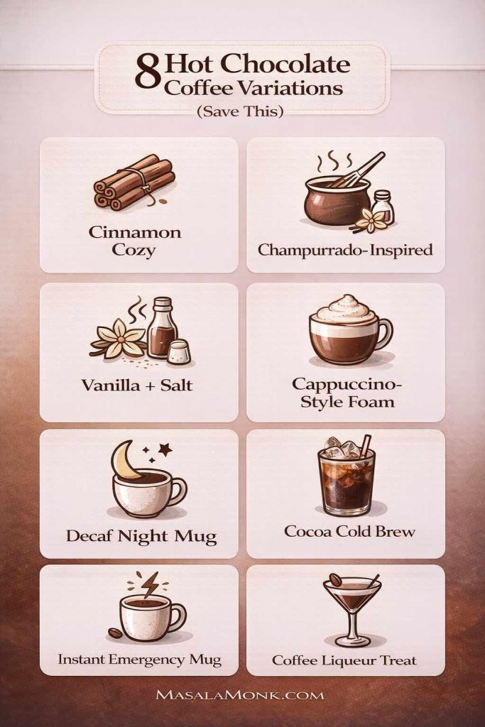 Infographic titled “8 Hot Chocolate Coffee Variations” listing cinnamon cozy, champurrado-inspired, vanilla + salt, cappuccino-style foam, decaf night mug, cocoa cold brew, instant emergency mug, and coffee liqueur treat.