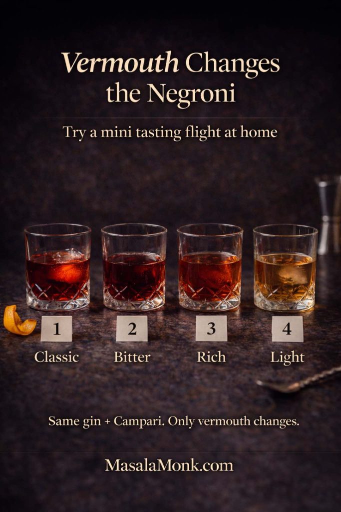 Vermouth Changes the Negroni mini tasting flight showing four Negroni glasses labeled Classic, Bitter, Rich, and Light to compare how different vermouth styles affect the drink.