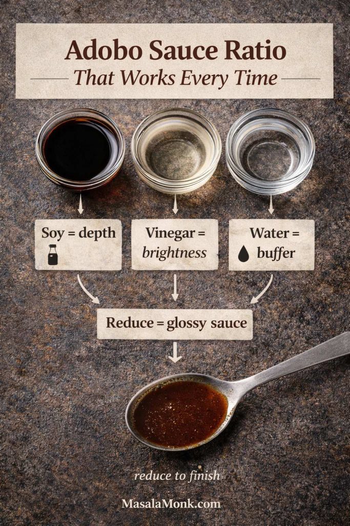 Infographic explaining Filipino adobo sauce balance on a dark stone surface: three small bowls show soy sauce, vinegar, and water labeled “Soy = depth,” “Vinegar = brightness,” and “Water = buffer.” Arrows point to “Reduce = glossy sauce,” with a spoon holding shiny reduced adobo sauce at the bottom. Text reads “Adobo Sauce Ratio That Works Every Time” and includes MasalaMonk.com.