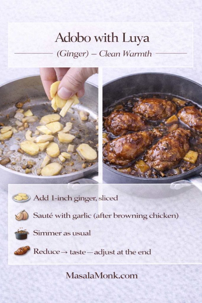 Two-panel infographic titled “Adobo with Luya (Ginger) — Clean Warmth.” Left panel shows sliced ginger being added to a pan with garlic after browning chicken. Right panel shows chicken adobo simmering in glossy sauce with visible ginger slices, peppercorns, and bay. Text tips say: add 1-inch ginger sliced, sauté with garlic after browning chicken, simmer as usual, then reduce and taste-adjust at the end. MasalaMonk.com appears in the footer.