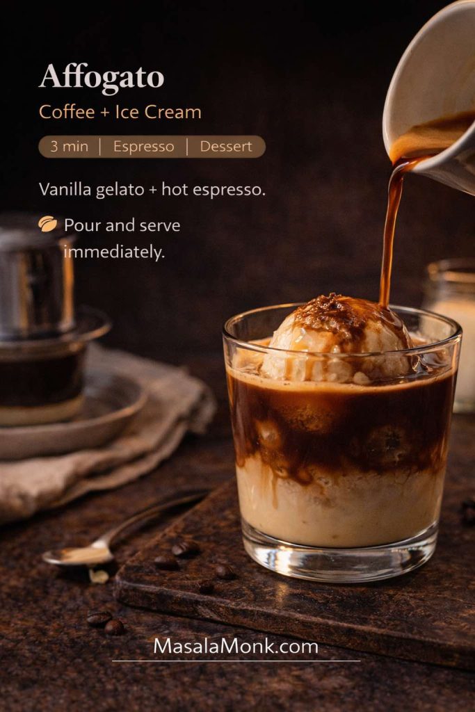 Recipe card showing an affogato made by pouring hot espresso over vanilla gelato in a glass, with “Affogato: Coffee + Ice Cream” text overlay and MasalaMonk.com in the footer.