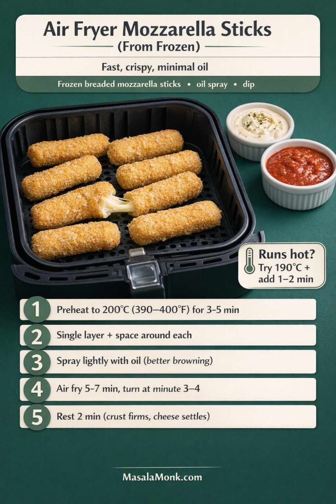 Recipe-card infographic titled “Air Fryer Mozzarella Sticks (From Frozen)” showing breaded mozzarella sticks in an air fryer basket with marinara and a creamy dip, plus one stick pulled for a cheese stretch. Text lists: preheat air fryer to 200°C (390–400°F) for 3–5 minutes; cook in a single layer with space; spray lightly with oil for better browning; air fry 5–7 minutes, turning at minute 3–4; rest 2 minutes so the crust firms and cheese settles. Tip says “Runs hot? Try 190°C + add 1–2 min.” MasalaMonk.com branding.