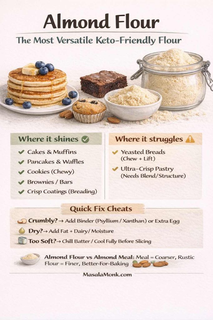 Infographic titled “Almond Flour: The Most Versatile Keto-Friendly Flour.” Shows almond flour in a jar and bowl with keto bakes (pancakes, brownie, muffin). Lists where almond flour shines: cakes and muffins, pancakes and waffles, chewy cookies, brownies and bars, crisp breading/coatings. Lists where it struggles: yeasted breads needing chew and lift, ultra-crisp pastry needing added structure. Includes quick fixes: if crumbly add binder (psyllium or xanthan) or extra egg; if dry add fat plus dairy/moisture; if too soft chill batter and cool fully before slicing. Notes almond flour vs almond meal: meal is coarser and rustic; flour is finer and better for baking. MasalaMonk.com at bottom.