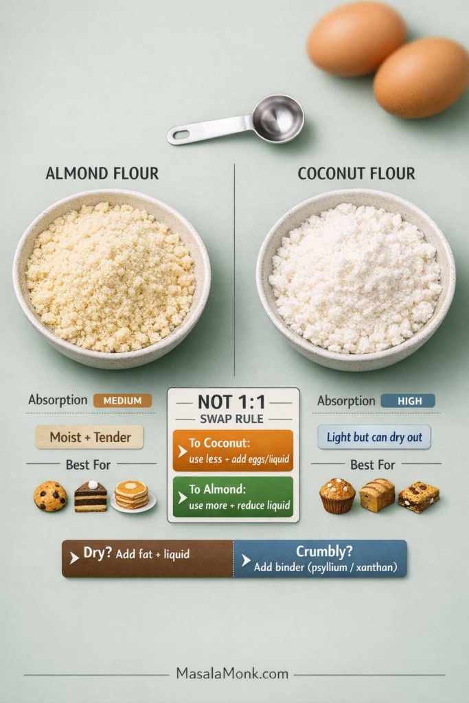 Two bowls on a sage background labeled “Almond Flour” and “Coconut Flour.” Almond flour shows medium absorption and “moist + tender”; coconut flour shows high absorption and “light but can dry out.” Center box says “Not 1:1 swap rule” with tips for swapping between them. Bottom tips: “Dry? add fat + liquid” and “Crumbly? add binder (psyllium/xanthan).” MasalaMonk.com footer.