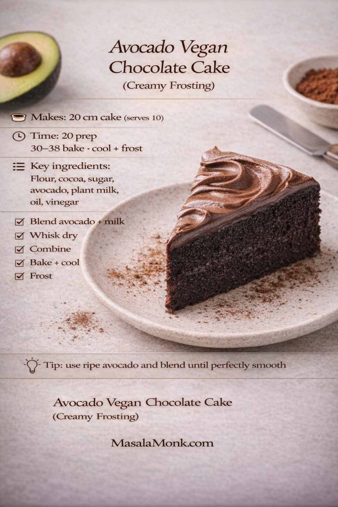 Avocado vegan chocolate cake recipe card showing a slice of chocolate cake with creamy chocolate frosting, plus makes/serves, bake time, key ingredients including avocado and plant milk, quick steps, and a tip to blend avocado until perfectly smooth.
