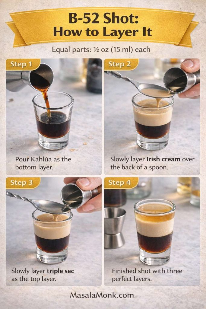 B-52 shot layering guide showing step-by-step how to pour Kahlúa, Irish cream, and triple sec into three clean layers using a spoon.