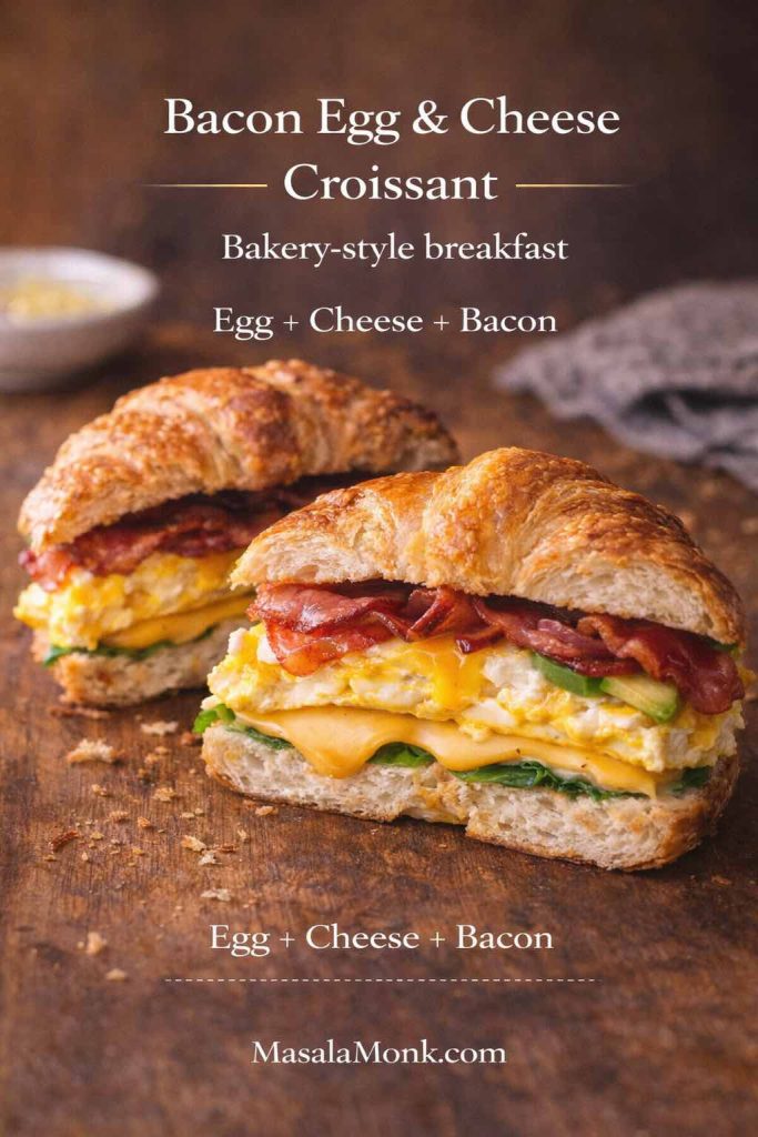 Bacon egg and cheese croissant breakfast sandwich recipe card showing a flaky croissant filled with egg, melted cheese, and crispy bacon, with “Bakery-style breakfast” text overlay and MasalaMonk.com footer.