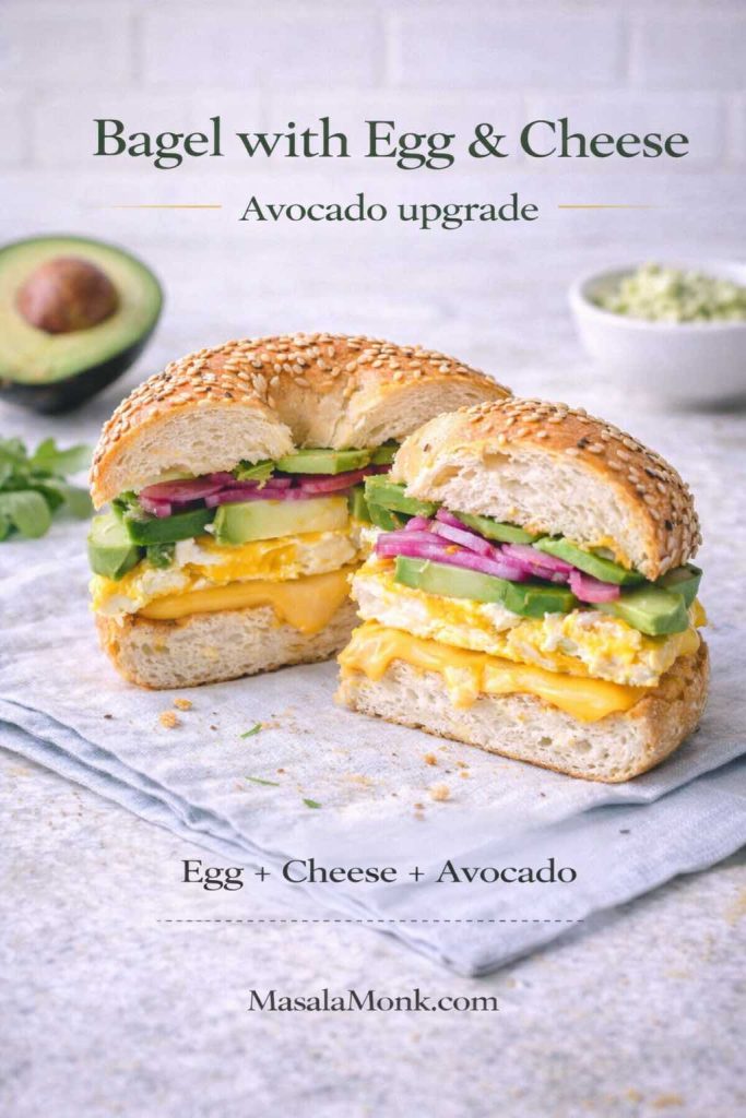This bagel with egg and cheese gets an easy avocado upgrade—add creamy avocado plus a sharp, crunchy layer like pickled onions to balance the richness and make a more satisfying breakfast bagel sandwich.