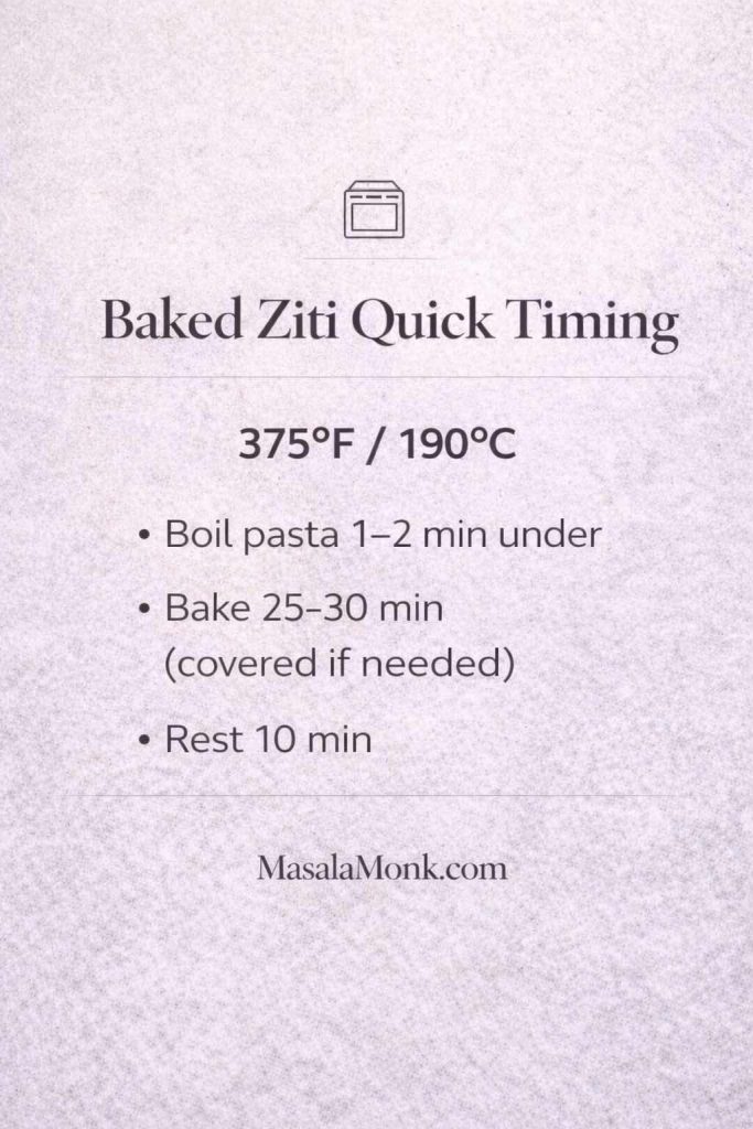 Baked ziti quick timing card showing the standard baked ziti temperature (375°F/190°C), boil pasta 1–2 minutes under, bake 25–30 minutes, and rest 10 minutes.