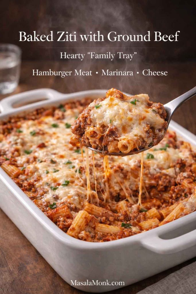Baked ziti with ground beef (hamburger meat) in a casserole dish with melted mozzarella and marinara, served as a hearty family tray.