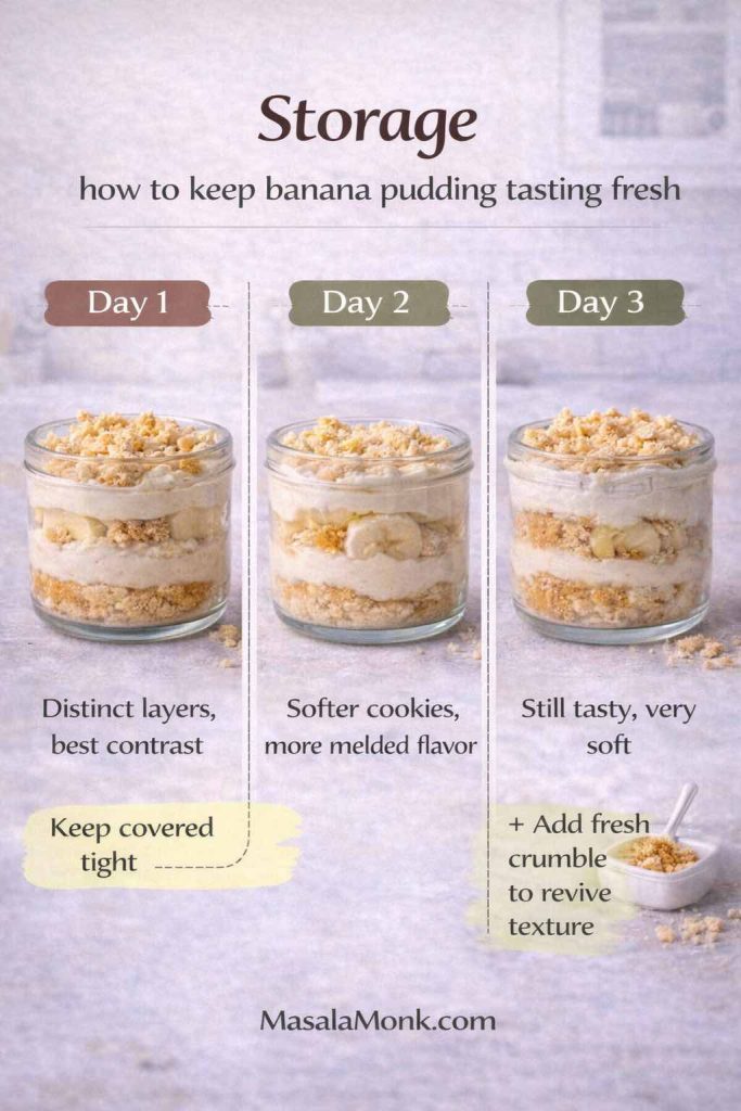 Triptych infographic titled “Storage: how to keep banana pudding tasting fresh” showing banana pudding in a jar over three days. Day 1 notes distinct layers and best contrast; Day 2 notes softer cookies and more melded flavor; Day 3 notes still tasty but very soft, with a tip to add fresh crumble to revive texture. Another tip says “Keep covered tight.” Footer reads MasalaMonk.com.