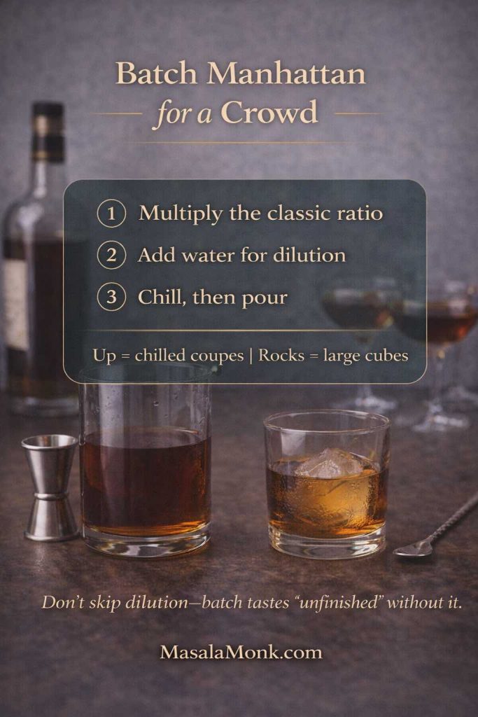 Batch Manhattan for a crowd guide card showing make-ahead steps, dilution reminder, and serving options up or on the rocks, MasalaMonk.com