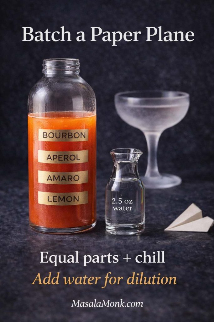 Batch a Paper Plane cocktail infographic showing a premixed bottle labeled bourbon, Aperol, amaro, lemon, plus a small carafe marked water for dilution and a chilled coupe in the background.