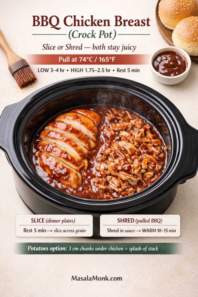 BBQ chicken breast in a crock pot with two outcomes shown: sliced chicken and shredded pulled BBQ chicken in sauce. Text overlay highlights pull at 74°C/165°F, LOW 3–4 hours or HIGH 1.75–2.5 hours, rest 5 minutes, and a tip to shred in sauce then hold on WARM 10–15 minutes.