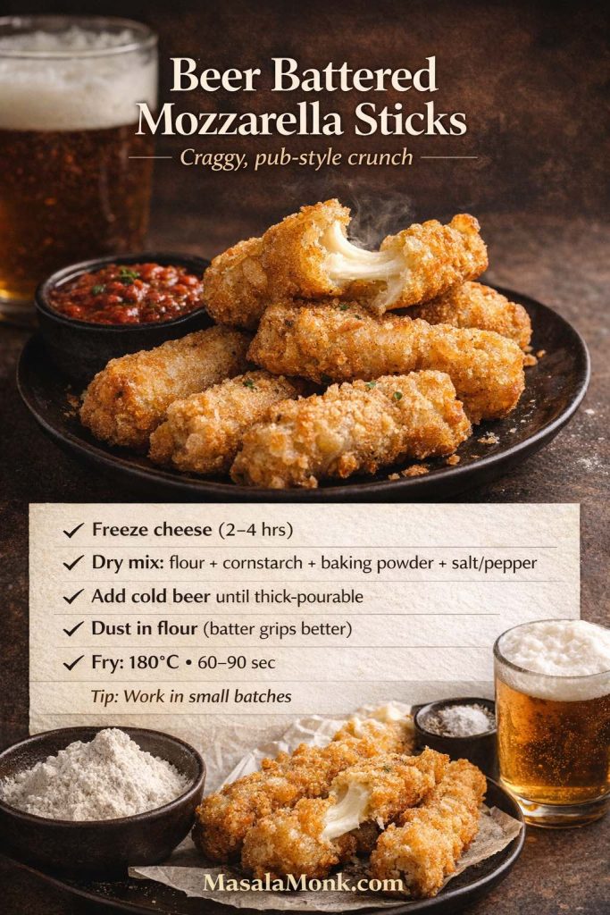 Recipe-card image titled “Beer Battered Mozzarella Sticks” showing craggy, golden battered mozzarella sticks on a dark plate with marinara sauce and a beer glass in the background. On-image steps say: freeze cheese 2–4 hours; whisk dry mix of flour, cornstarch, baking powder, salt and pepper; add cold beer until thick-pourable; dust sticks in flour so batter grips; fry at 180°C for 60–90 seconds; tip says work in small batches. MasalaMonk.com branding.