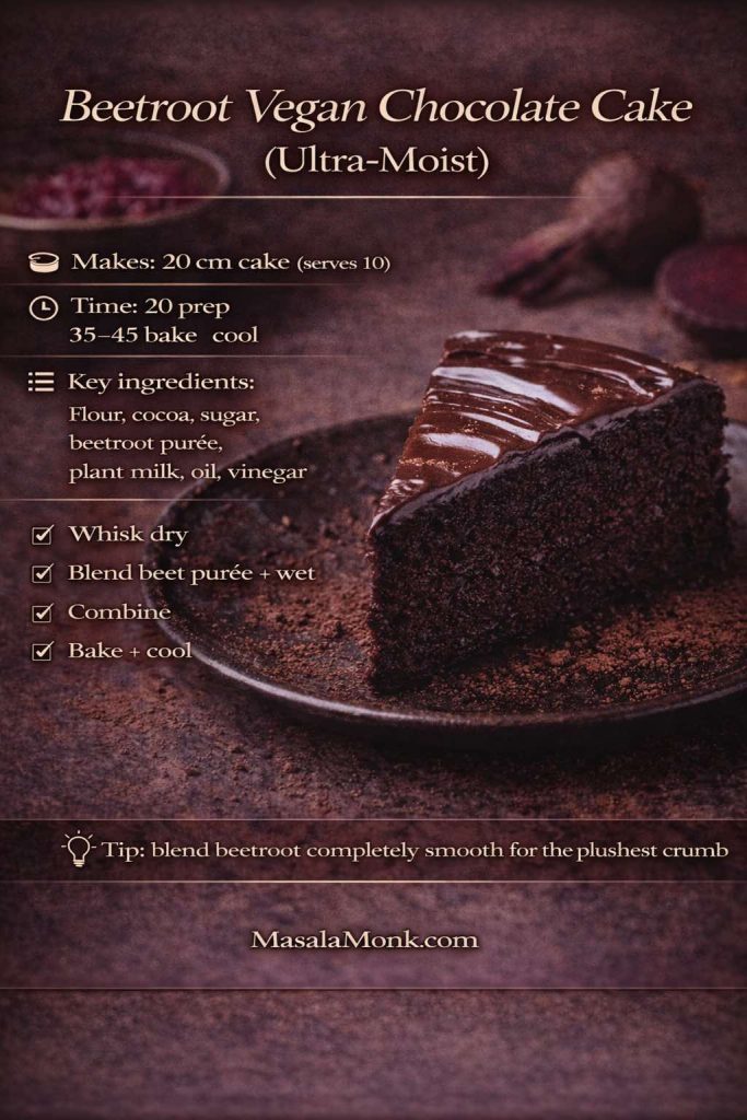 Beetroot vegan chocolate cake recipe card showing a glossy ganache-topped chocolate cake slice, with makes/serves, timing, key ingredients including beetroot purée, quick steps, and a tip to blend beetroot smooth for a plush crumb.