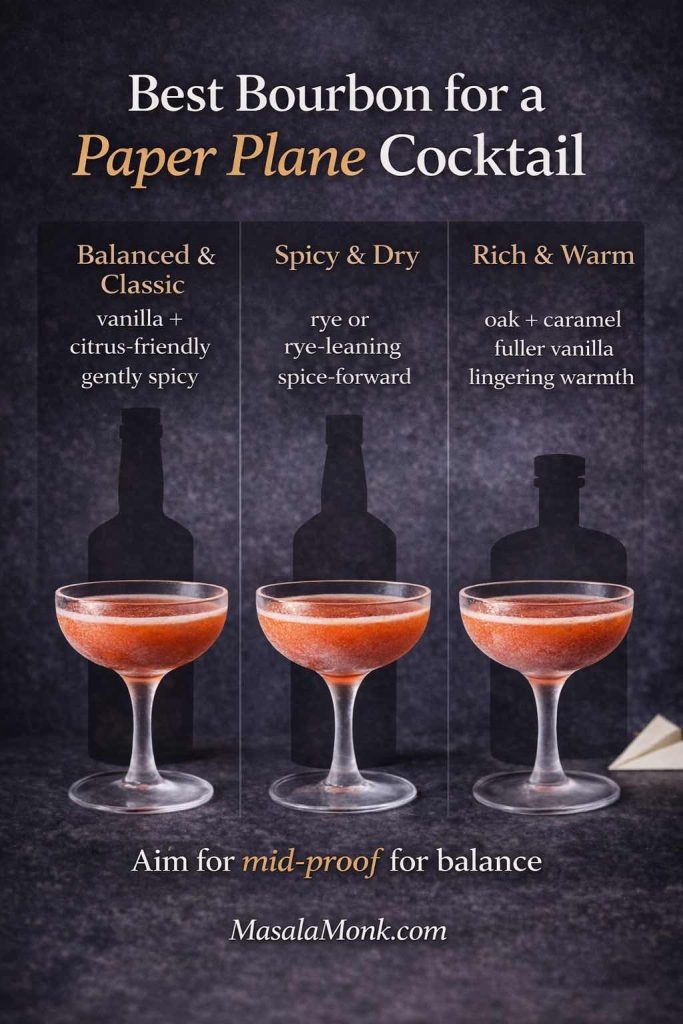 Infographic guide titled “Best Bourbon for a Paper Plane Cocktail” showing three flavor lanes—Balanced & Classic, Spicy & Dry, and Rich & Warm—with a note to aim for mid-proof for balance.