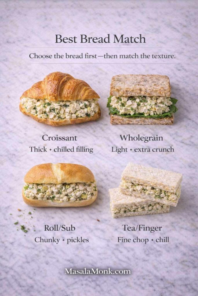 Pick the bread first, then match the filling: croissants need thick chilled chicken salad, wholegrain loves a lighter crunchy mix, rolls handle chunkier pickle-forward spreads, and tea sandwiches slice best with a fine chop and a quick chill.