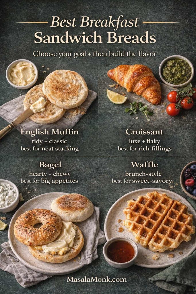 Best breakfast sandwich breads infographic showing an English muffin, croissant, bagel, and waffle with notes on what each bread is best for.