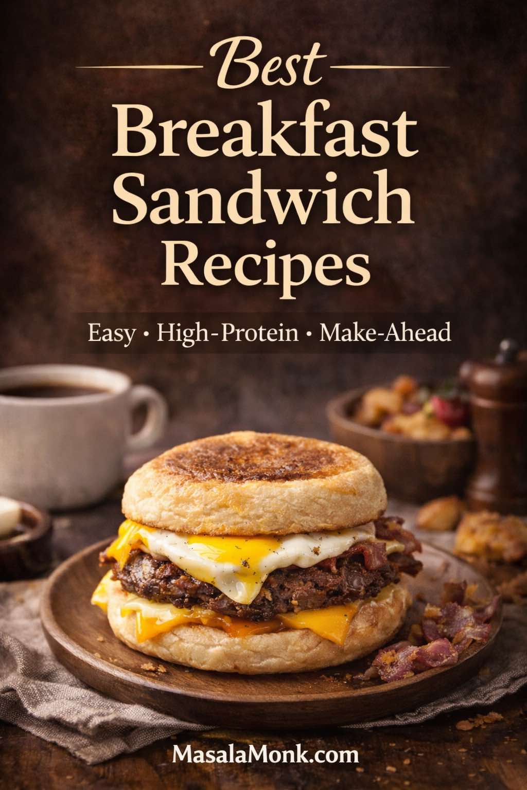 Breakfast sandwich recipe cover image showing an English muffin egg and cheese sandwich with sausage, melted cheddar, and a fried egg.