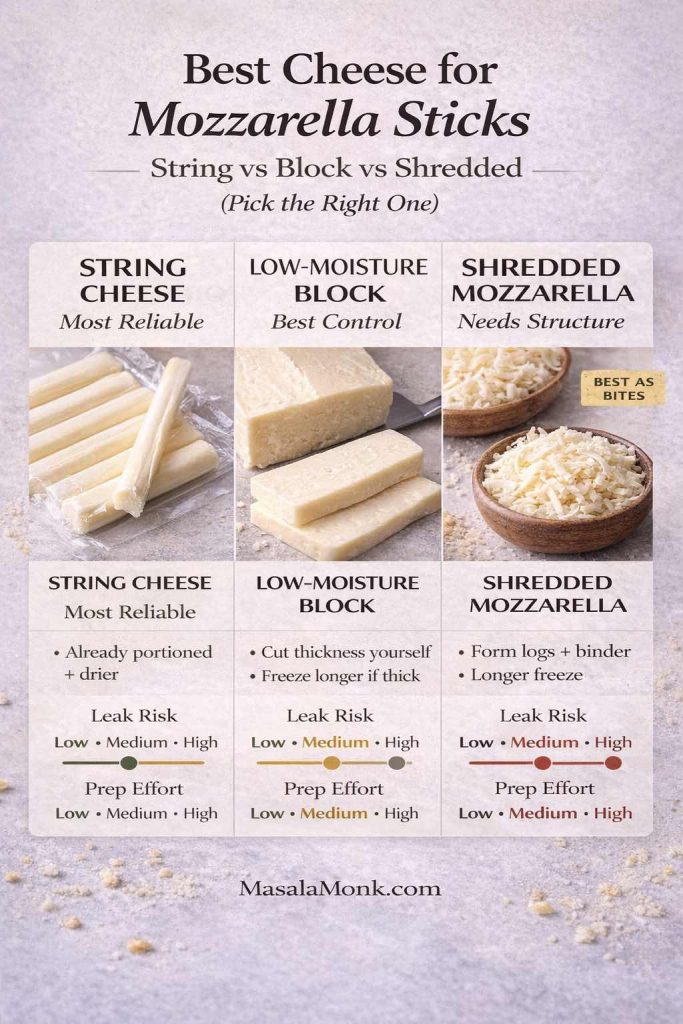 Infographic titled “Best Cheese for Mozzarella Sticks: String vs Block vs Shredded.” Three side-by-side panels compare string cheese (most reliable, low leak risk, low prep), low-moisture mozzarella block (best control, medium leak risk depending on thickness, medium prep), and shredded mozzarella (needs structure, best as formed logs/bites, higher leak risk, longer freeze and more prep). MasalaMonk.com branding.