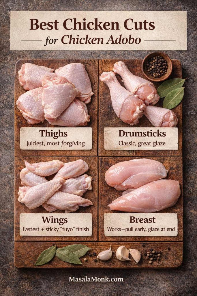 Infographic showing the best chicken cuts for chicken adobo on a wooden board: thighs, drumsticks, wings, and chicken breast, each labeled with a short tip. Thighs are noted as juiciest and most forgiving, drumsticks as classic with great glaze, wings as fastest for a sticky “tuyo” finish, and breast as workable if pulled early and glazed at the end. Bay leaves, peppercorns, and garlic appear as adobo aromatics, with MasalaMonk.com in the footer.