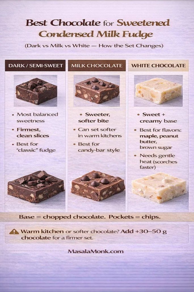 Guide-style infographic titled “Best Chocolate for Sweetened Condensed Milk Fudge (Dark vs Milk vs White — How the Set Changes)”. Three columns compare dark/semi-sweet, milk chocolate, and white chocolate with photos of fudge squares. Dark/semi-sweet notes: most balanced sweetness, firmest clean slices, best for classic fudge. Milk chocolate notes: sweeter softer bite, can set softer in warm kitchens, best for candy-bar style. White chocolate notes: sweet creamy base, best for flavors like maple, peanut butter, and brown sugar, needs gentle heat because it scorches faster. A rule line says “Base = chopped chocolate. Pockets = chips.” A tip box says “Warm kitchen or softer chocolate? Add +30–50 g chocolate for a firmer set.” MasalaMonk.com branding appears in the footer.