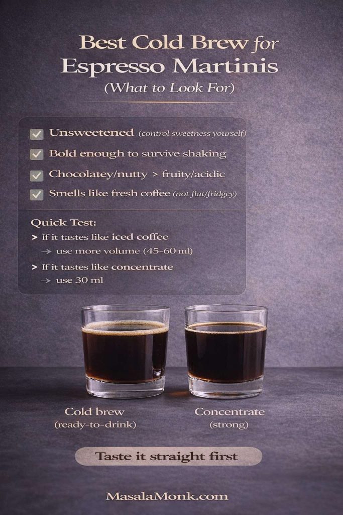 Guide to choosing the best cold brew for espresso martinis, highlighting unsweetened coffee, bold flavor that survives shaking, chocolatey/nutty notes, and a quick test for cold brew vs concentrate strength.