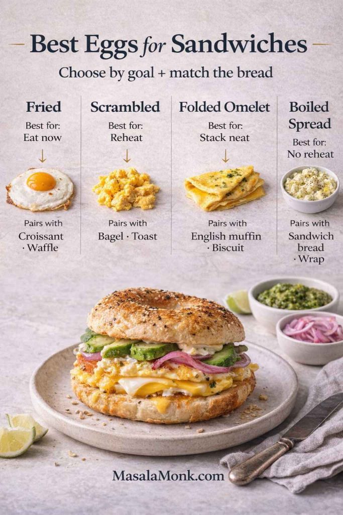 Best eggs for sandwiches infographic comparing fried, scrambled, folded omelet, and boiled egg spread with suggested bread pairings and a bagel egg and cheese sandwich.