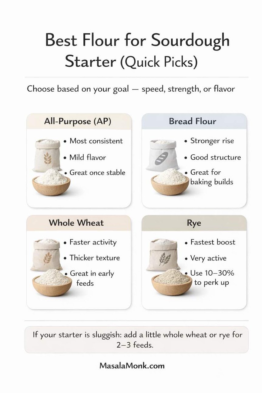 Infographic titled “Best Flour for Sourdough Starter (Quick Picks)” with four comparison cards. All-Purpose (AP): most consistent, mild flavor, great once stable. Bread flour: stronger rise, good structure, great for baking builds. Whole wheat: faster activity, thicker texture, great in early feeds. Rye: fastest boost, very active, use 10–30% to perk up. A tip says: “If your starter is sluggish: add a little whole wheat or rye for 2–3 feeds.” Footer reads MasalaMonk.com.