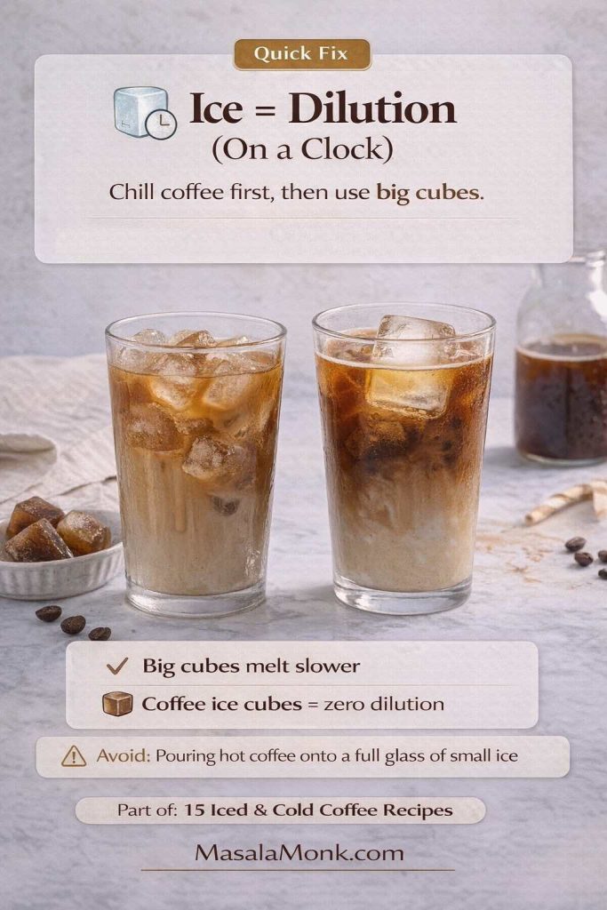 Pinterest-style tip card showing iced coffee with small ice vs big ice cubes, explaining that large cubes melt slower and coffee ice cubes prevent dilution, with MasalaMonk.com footer.
