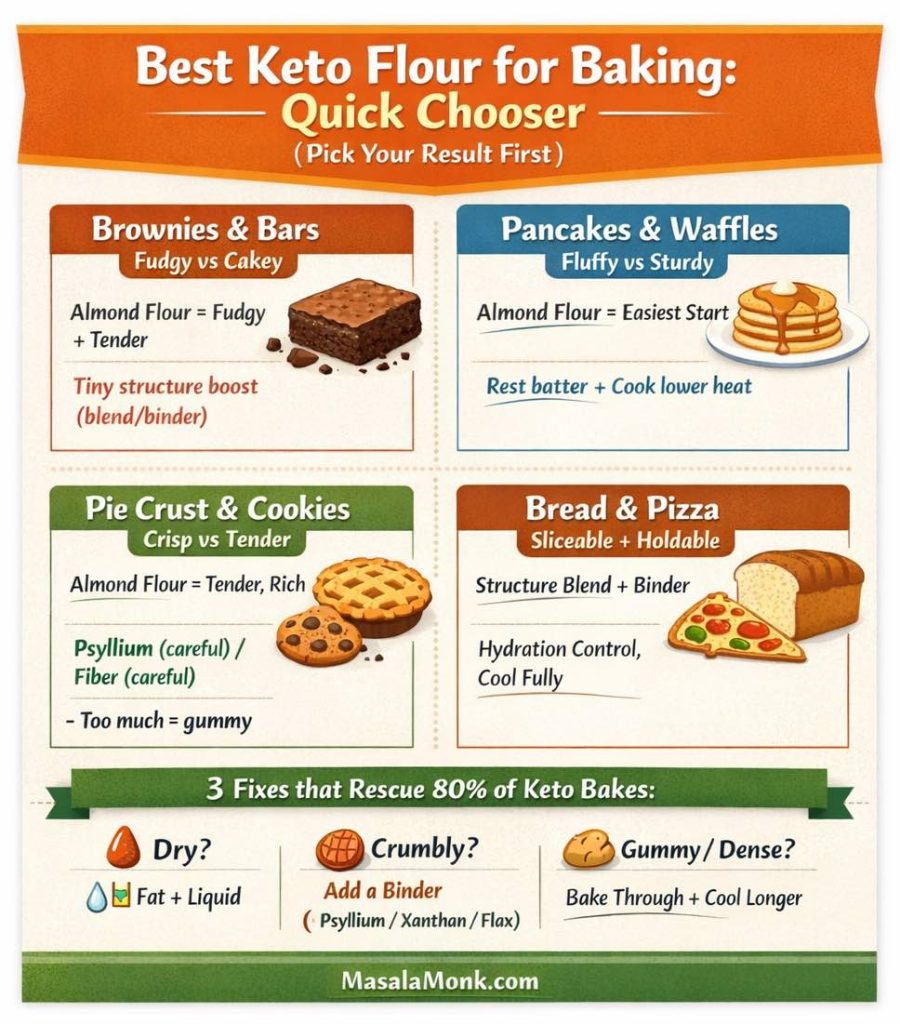 Infographic titled “Best Keto Flour for Baking: Quick Chooser.” Four panels: Brownies & bars (almond flour = fudgy; blends = cakey); Pancakes & waffles (almond flour easiest; coconut flour only in recipes built for it); Pie crust & cookies (almond flour tender; coconut flour in small doses; binders add structure); Bread & pizza (use a flour system with binders). Bottom fixes: dry add fat+liquid; crumbly add binder; gummy bake through+cool longer. MasalaMonk.com footer.