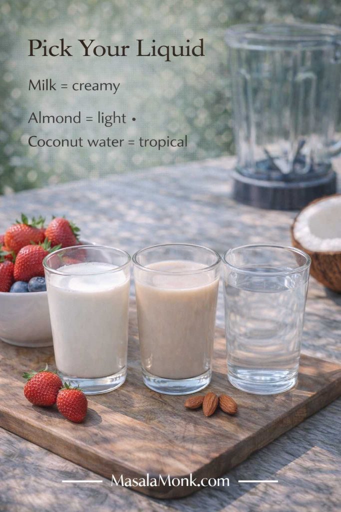 Pick your liquid guide card for strawberry smoothies showing three glasses of milk, almond milk, and coconut water, with tip that milk makes smoothies creamy, almond milk keeps them light, and coconut water tastes tropical.