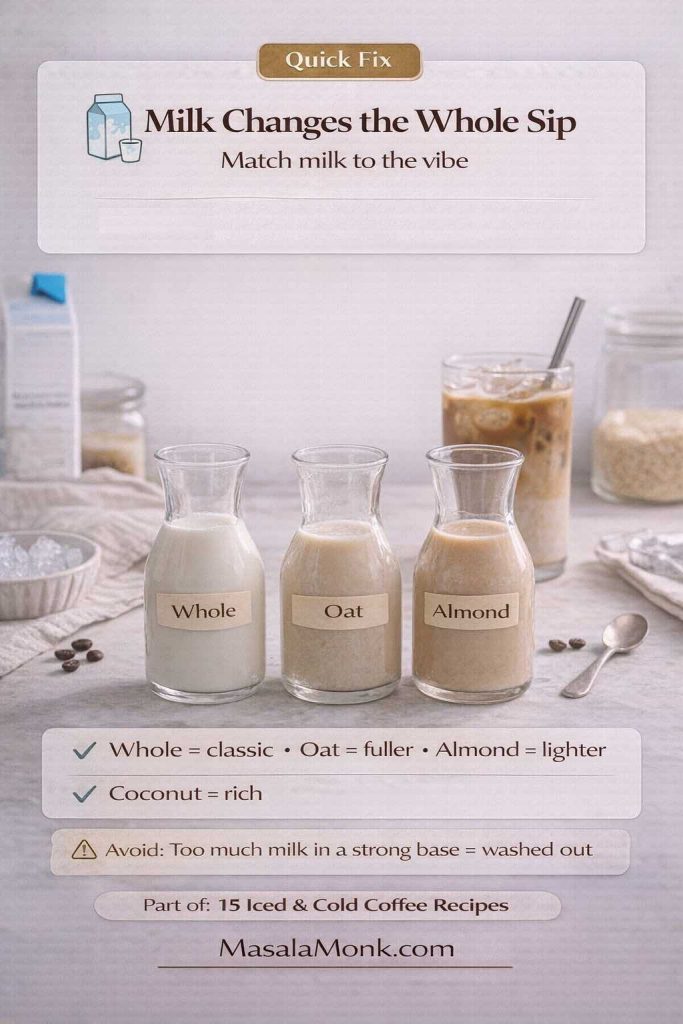 Milk can change an iced coffee completely: whole milk tastes classic and rounded, oat milk feels fuller, and almond milk stays lighter—start with less milk in strong coffee and add gradually.
